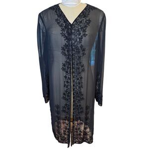 Scala Beaded Sheer Evening Jacket Duster Black Open Front 1 Size Vtg